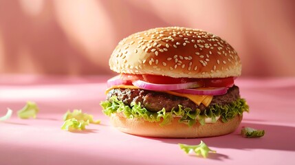 Hamburger with pink background with dappled light : Generative AI