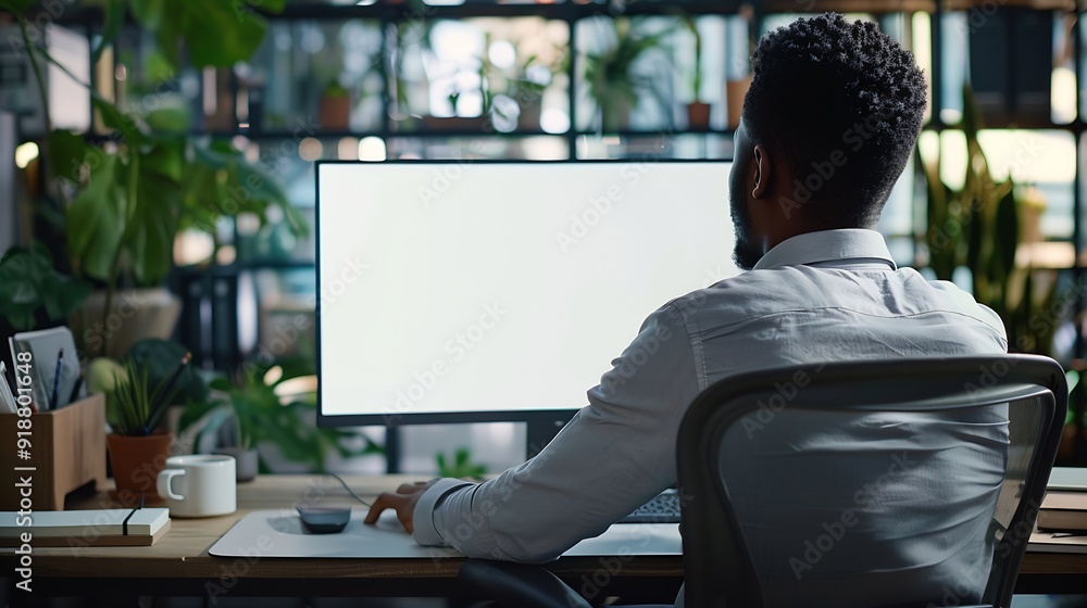 Aufkleber unrecognizable black businessman using computer with empty blank screen sitting at workplace in offi