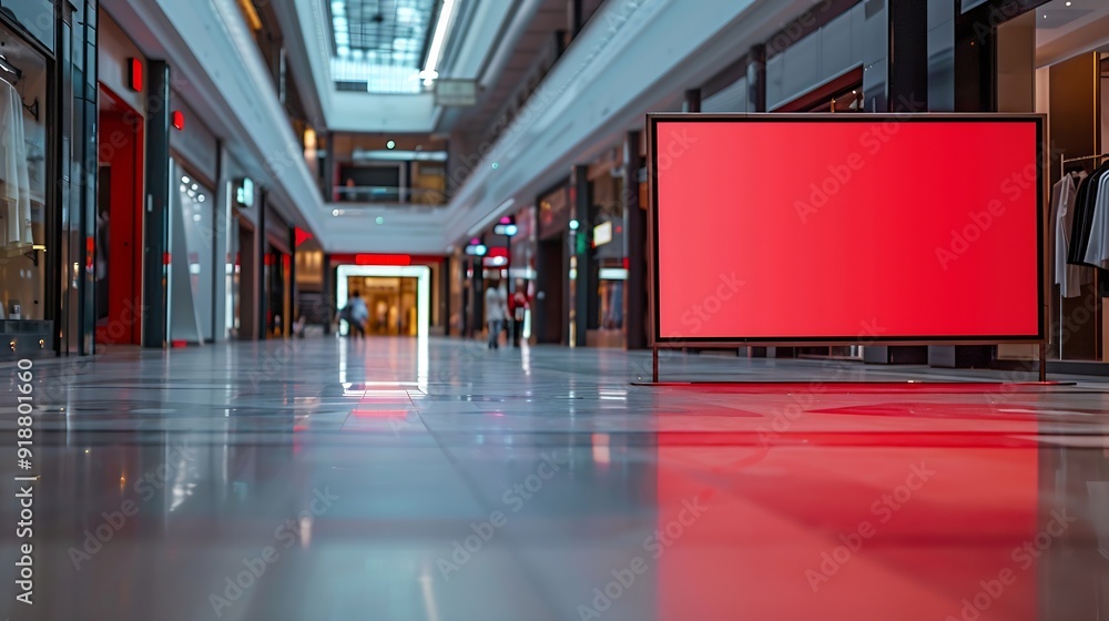 Poster red blank sign inside shopping mall mock up advertise display frame setting over the clothes line in the shopping department store for shopping business fashion and advertisement conce : Generative AI