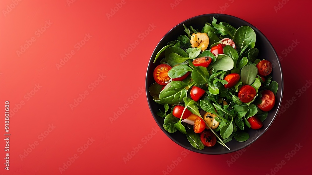 Aufkleber vegetarian green salad on trendy red background with hard shadow green bowl with vegetables and tofu