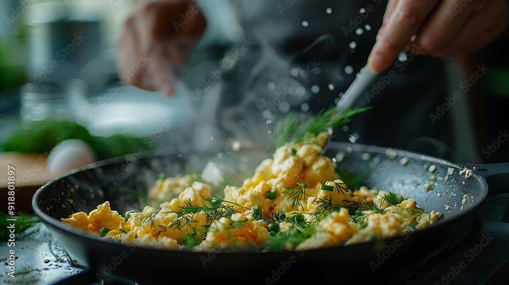 Wall mural cooking delicious scrambled eggs in the kitchen a chef adds a spoonful of dill to a hot pan of eggs 