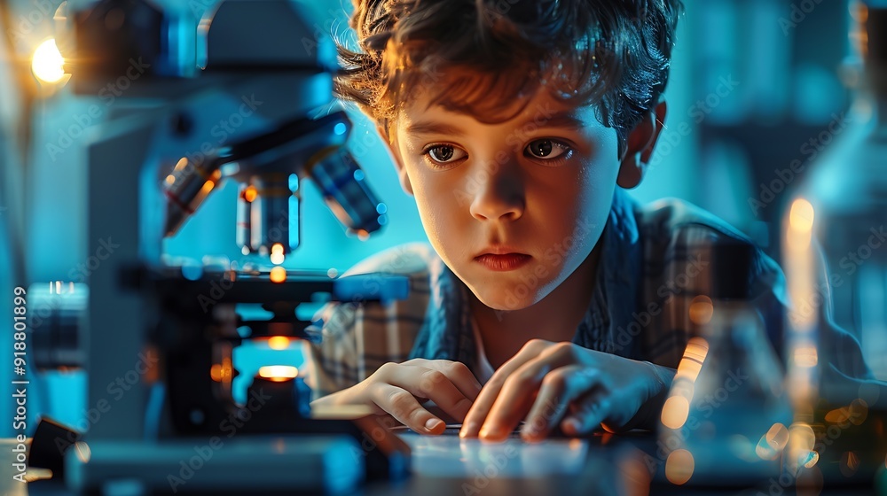Aufkleber Composition of boy using microscope in science class with blue blurred copy space to right education and science research concept digitally generated image : Generative AI