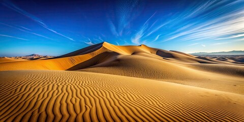 Naklejka premium Desert sand dunes under a clear blue sky , desert, sand, dunes, landscape, arid, dry, wilderness, remote, nature, horizon, sun
