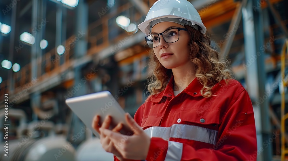 Poster female engineer with digital tablet at construction site factory foreman worker in hardhat at the pr