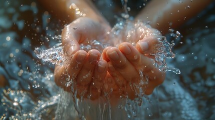 Fototapeta premium Hands woman and water for washing in bathroom for hygiene clean and healthy with wellness environment Skincare beauty and self care with splash for sustainable friendly future and hydr : Generative AI
