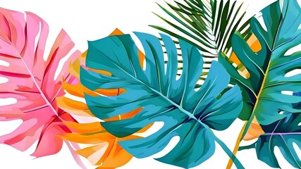 Tropical palm leaves, large fronds, flat design, top view, summer vibes theme, water color, Tetradic color scheme