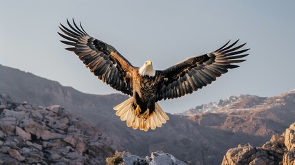 Fototapeta premium A majestic bald eagle soaring high above a rugged mountain range, its wings spread wide against a clear sky
