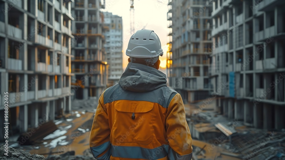 Aufkleber Man checking work process on construction site working : Generative AI