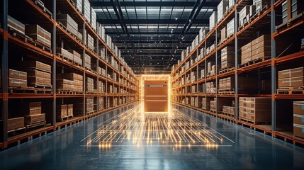 Fototapeta premium Futuristic Technology Retail Warehouse: Digitalization and Visualization of Industry 4.0 Process that Analyzes Goods