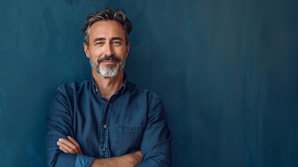 Handsome middleaged man standing with his arms folded looking at camera and smiling Halflength front portrait against blue background with copy space : Generative AI