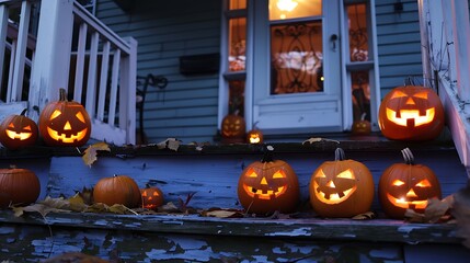 Obraz premium Halloween pumpkins decorated a porch