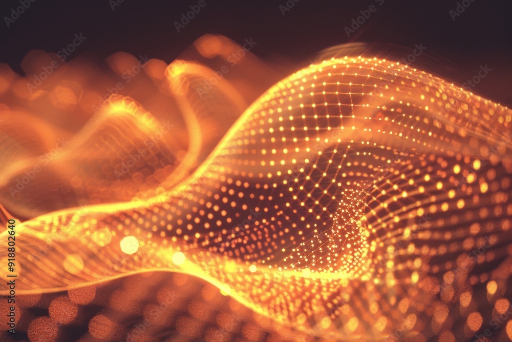 Poster a digital representation of a wave-like pattern made of light, suitable for futuristic or technologi