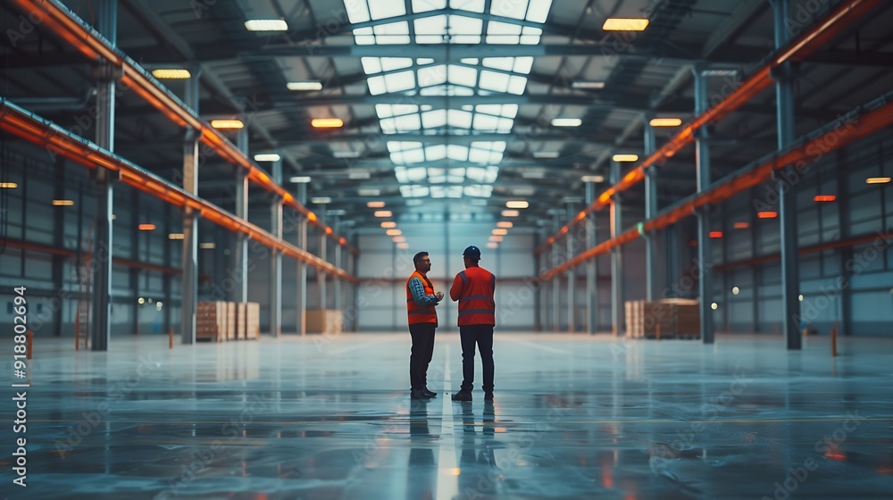 Poster Two Engineers Talking Standing in the Middle of an Empty Warehouse Inspecting Planning Future Factory Layout Professionals Industrial Designers Strategizing about New Manufacturing Pla : Generative AI