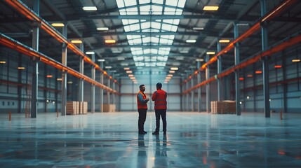 Two Engineers Talking Standing in the Middle of an Empty Warehouse Inspecting Planning Future Factory Layout Professionals Industrial Designers Strategizing about New Manufacturing Pla : Generative AI