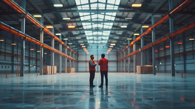 Two Engineers Talking Standing in the Middle of an Empty Warehouse Inspecting Planning Future Factory Layout Professionals Industrial Designers Strategizing about New Manufacturing Pla : Generative AI