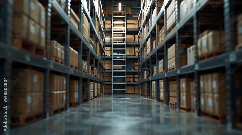 Poster boxes ladder and shelves with inventory at warehouse for distribution supply chain or logistics empt
