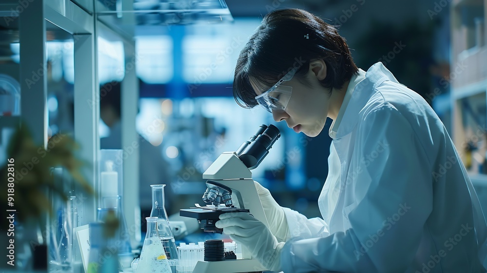 Poster scientist analyze biochemical samples in advanced scientific laboratory medical professional use mic