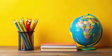 Colorful rendered globe, pencils, and book on a yellow background for back to school , globe, pencils, book