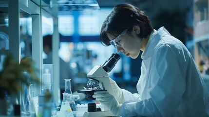 Scientist analyze biochemical samples in advanced scientific laboratory Medical professional use microscope look microbiological developmental of viral Biotechnology research in scienc : Generative AI