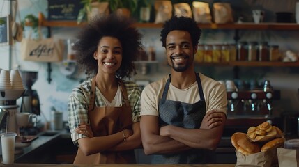 Multiethnic barista couple arm crossed smile looking camera happy startup cafe small business entrepreneur young retail business owner working in coffee shop restaurant standing in fro : Generative AI