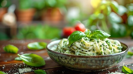 A shallow focus shot of a creamy spinach pasta on a wooden table with blur background : Generative AI