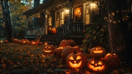 Halloween pumpkins in the end of the day outside a family home