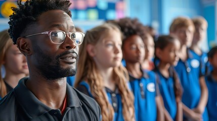 Obraz premium A diverse group of young people stand together on a blue floor as a male teacher instructs them in a bright classroom setting : Generative AI