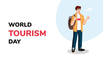 World TOURISM Day banner, postcard with Young man with backpack showing thumbs up. Flat design, cartoon style. Vector illustration. Travelling concept.