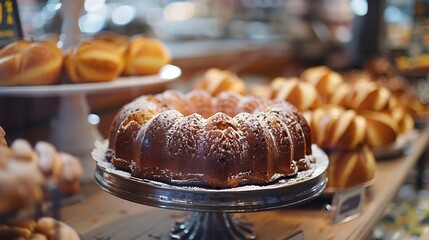 Traditional Alsace kugelhopf or gugelhupf cake at a French bakery in the old town of Grande Ile the historic center of Strasbourg Alsace France : Generative AI