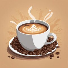 Latte art coffee cup with saucer filled with coffee beans, vector illustration on warm beige background, steaming hot drink
