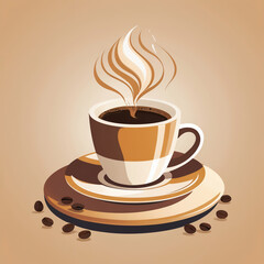 Stylized coffee cup with steam, brown and beige tones, coffee beans on saucer, vector illustration on warm beige background
