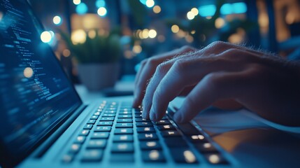 240803 06. Close-up of rugged male hands with callused fingertips rapidly typing on a sleek ultrabook keyboard, sharp focus on the fingers striking illuminated keys, blurred modern open-plan office