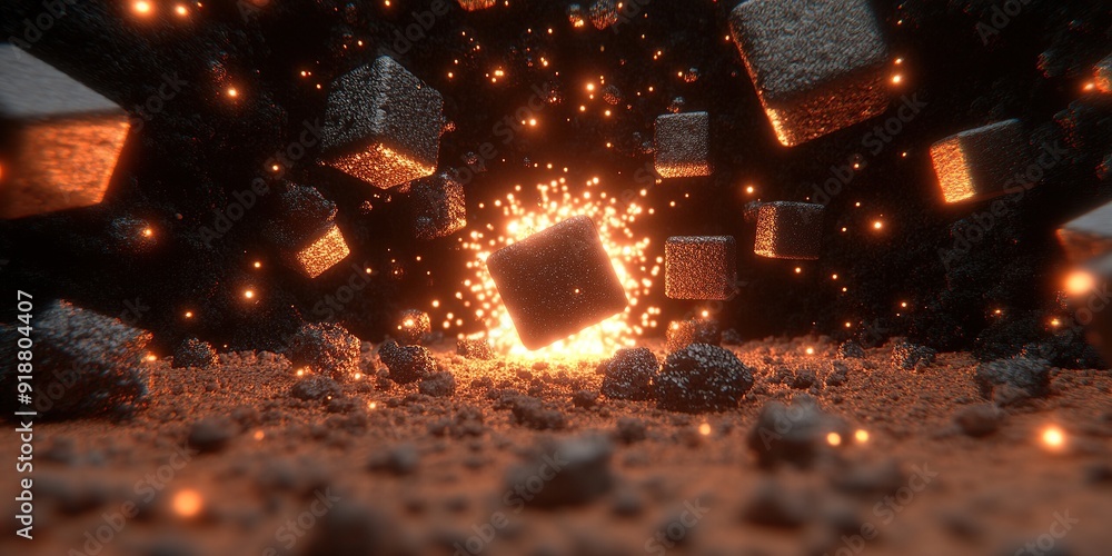 Poster Dynamic Cubes Exploding in a Futuristic Digital Environment