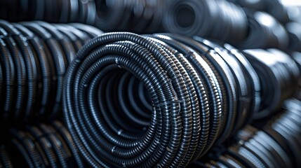 many rolled coils of new black corrugated plastic electric plumbing drainage pipe prepared for installation near building construction site material : Generative AI