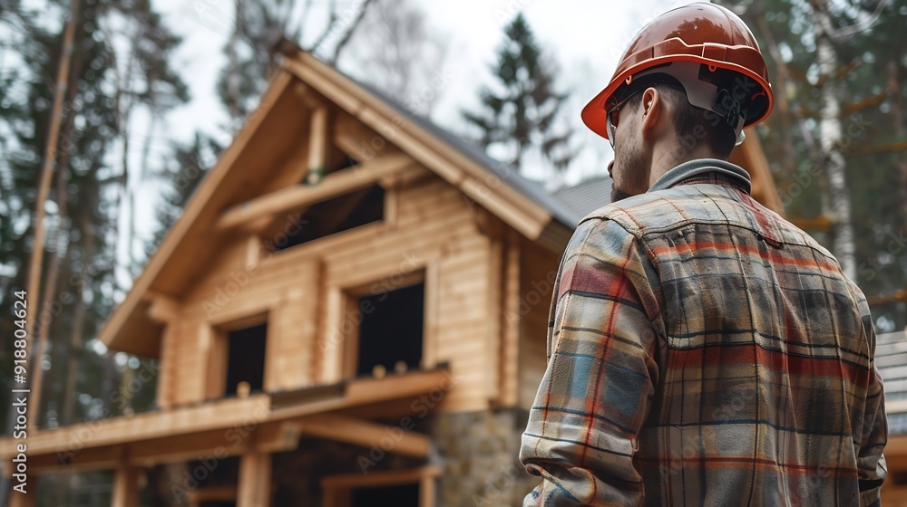 Poster worker building wooden twostory house near the forest man in work clothes and hard hat reviewing the