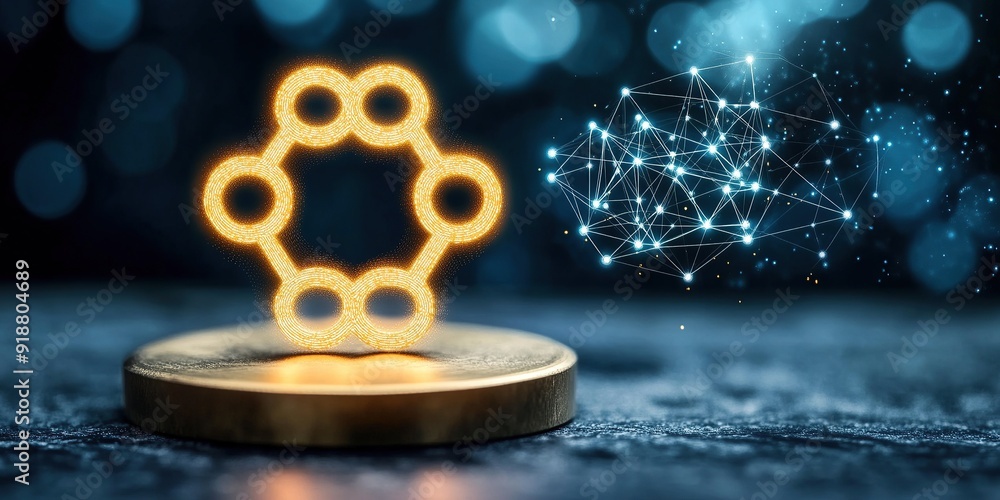 Poster isometric view of interconnected geometric shapes illuminated with golden glow