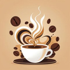 Abstract coffee cup with swirling steam and floating coffee beans, vector illustration on beige background, artistic design
