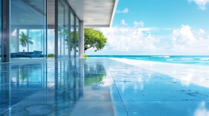 Blur background of modern home with ocean view through floortoceiling windows and reflective blue floor in water wave style Coastal living concept Design for interior poster wallpaper  : Generative AI
