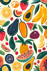 Tropical pattern with exotic fruits, summer background illustration.