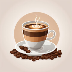 Layered coffee cup with latte art, coffee beans on saucer, vector illustration on beige background, steaming hot drink
