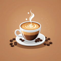 Coffee cup with latte art and steam, coffee beans on saucer, vector illustration on warm brown background, cozy drink
