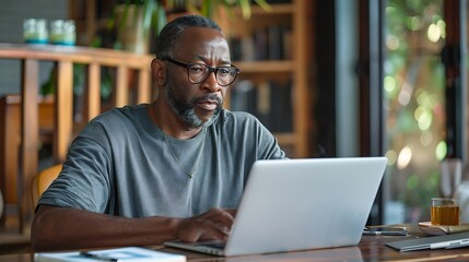 A man with inclusivity in casual clothing is sitting at a table in his home working on his laptop : Generative AI