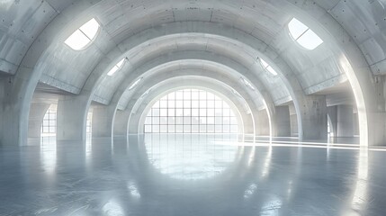 Huge empty industrial warehouse building White interior Hemispherical reinforced concrete load bearing roof with windows Unique architecture : Generative AI