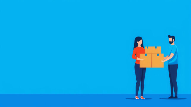 E-commerce return process, customer repackaging items, flat design illustration