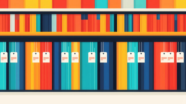 E-commerce website, product listings with price tags, flat design illustration