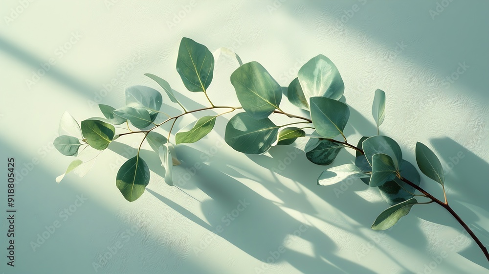 Aufkleber green eucalyptus branch with shadows on empty light grey background backdrop for natural product pre