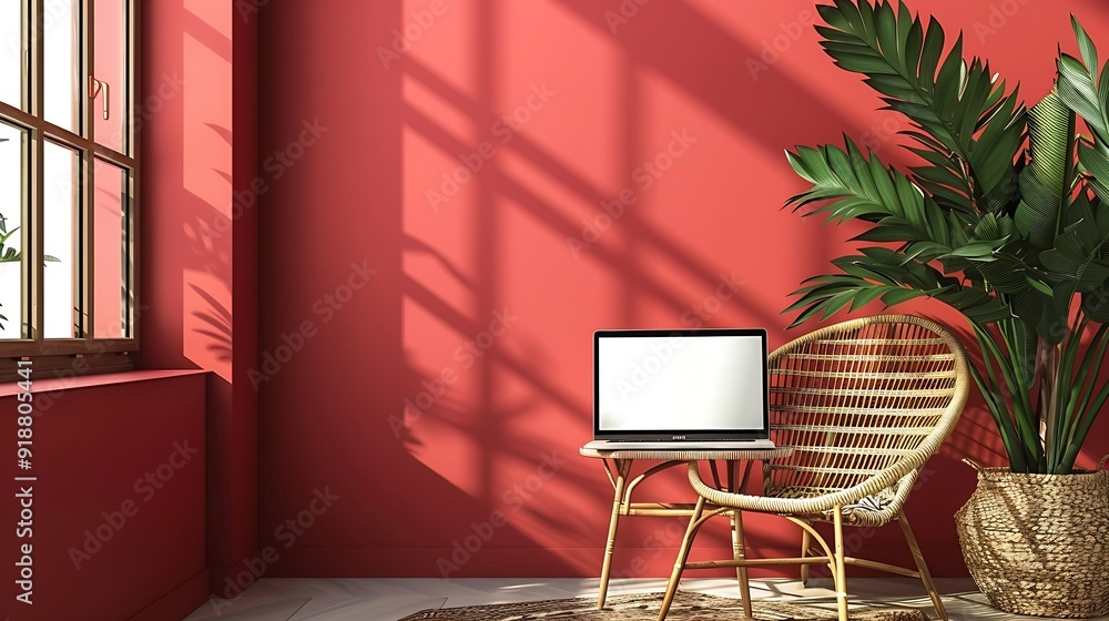 Poster laptop computer with blank screen on comfortable rattan chair against red color wall aesthetic templ