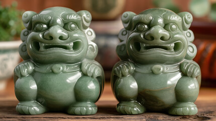 Fototapeta premium Pair of jade lion statues with intricate details, displayed indoors, representing traditional art, cultural significance, and craftsmanship.