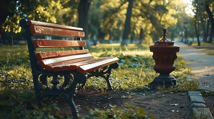 A large empty bench in a city park or garden Red wooden bench and metal urn : Generative AI