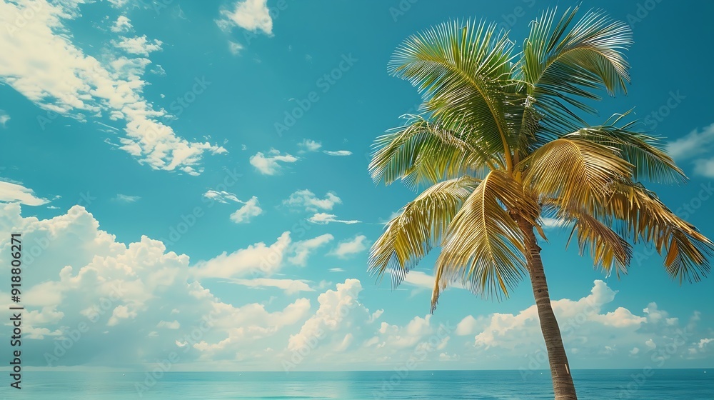 Aufkleber palm tree on tropical beach with blue sky and white clouds abstract background copy space of summer 